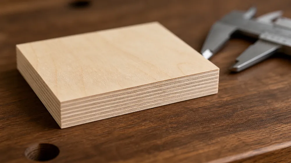Baltic birch plywood sample showing 11-ply layered cross-section with vernier caliper for scale