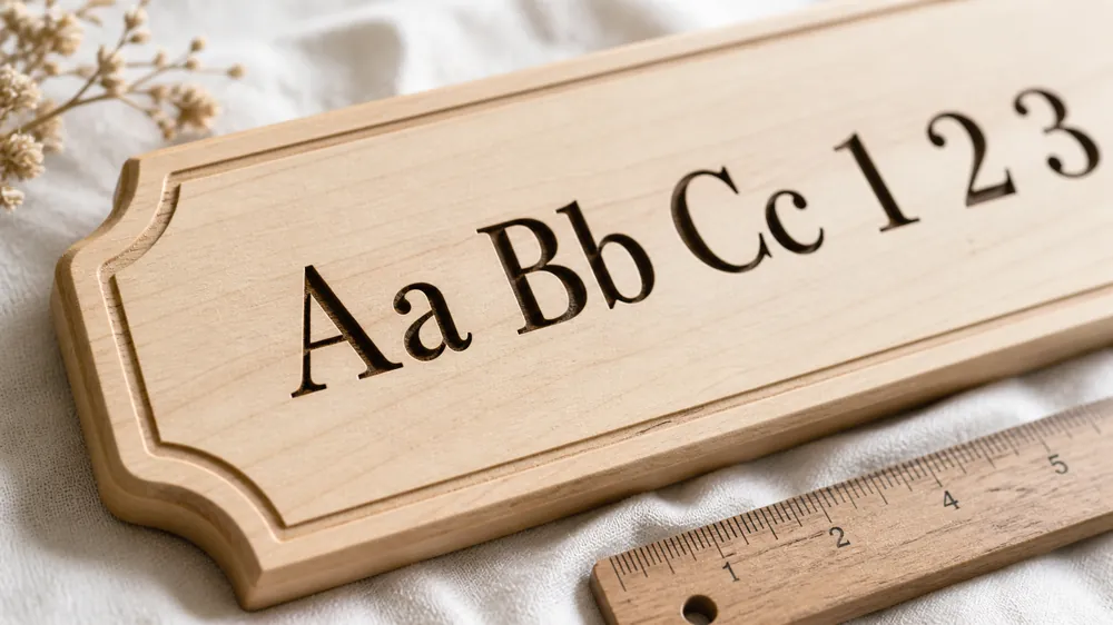 Maple wood sign blank engraved with serif alphabet sample showing high-contrast laser engraving — Aa Bb Cc 1 2 3