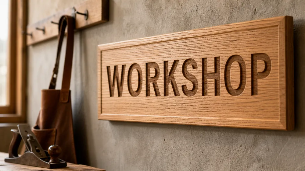 Custom white oak wood sign reading WORKSHOP with prominent open grain pattern mounted on textured plaster wall