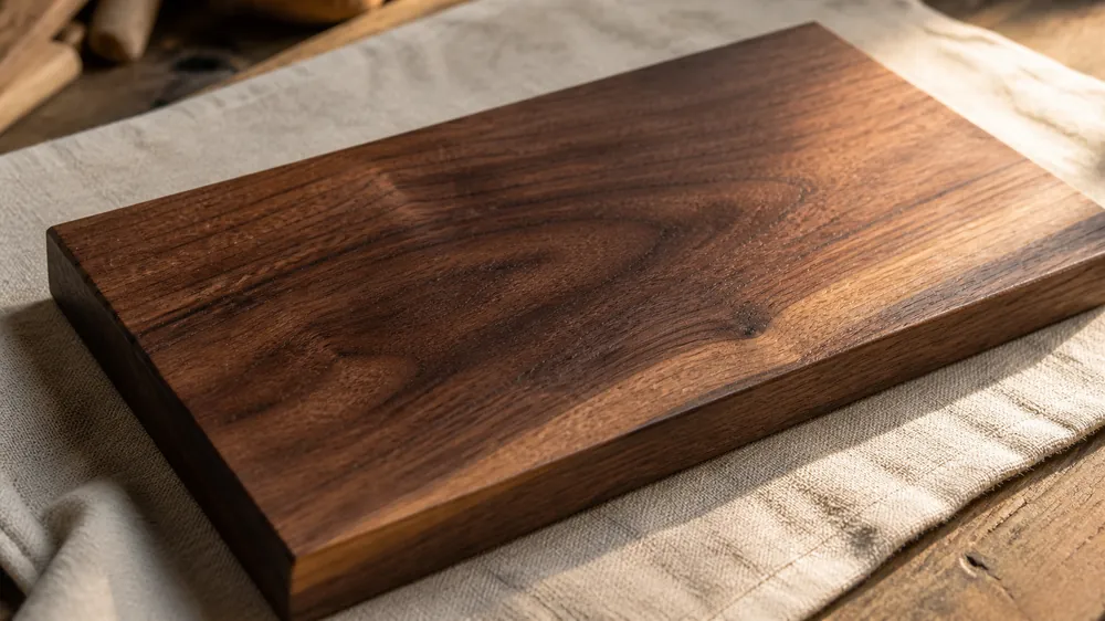 American walnut hardwood sign blank with dramatic grain pattern, oil-rubbed satin sheen on linen workbench cloth