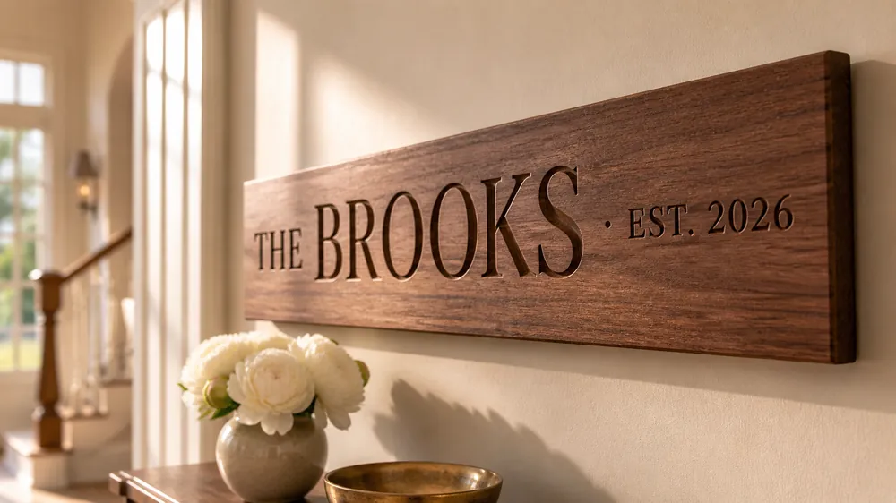 Custom carved walnut family name wedding sign reading THE BROOKS EST. 2026 mounted on cream foyer wall above console with white peonies
