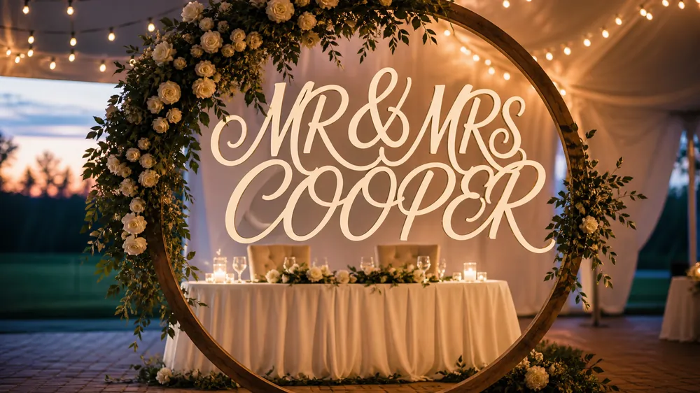 Large custom wood wedding reception backdrop sign reading MR & MRS COOPER in oversized white cursive script on circular wooden arch with cascading white roses and string lights