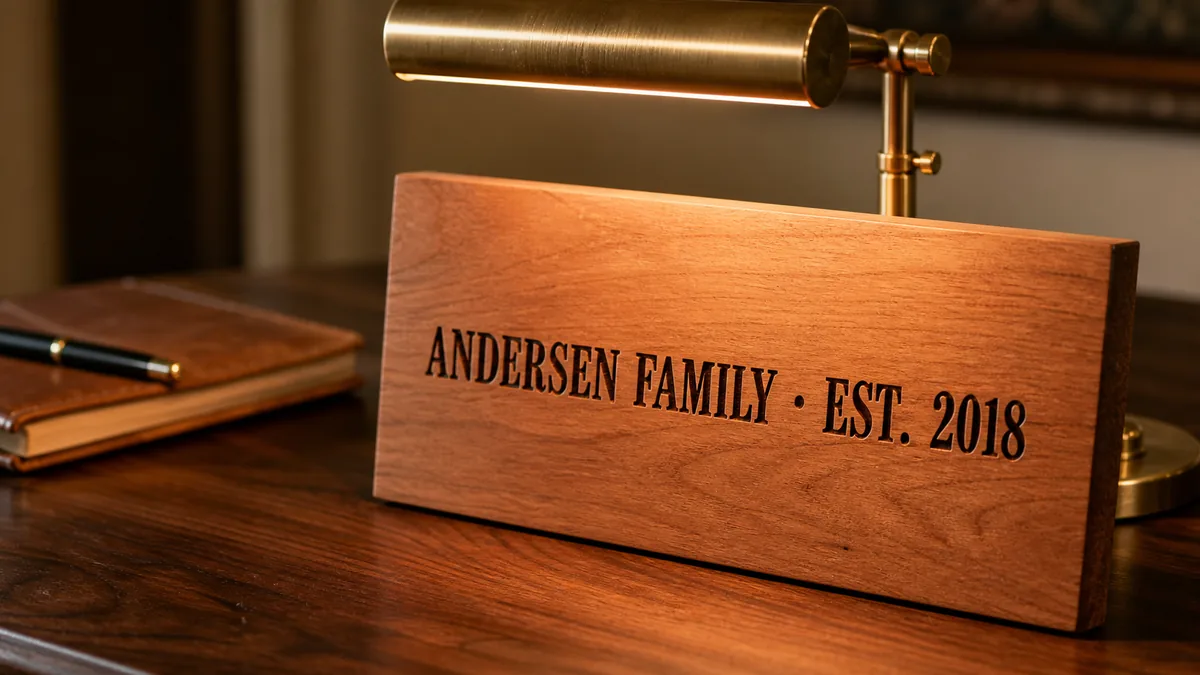 Custom laser-engraved cherry wood family plaque with deep engraved lettering on a walnut desk under brass picture light — Lumberthing engraved wood signs