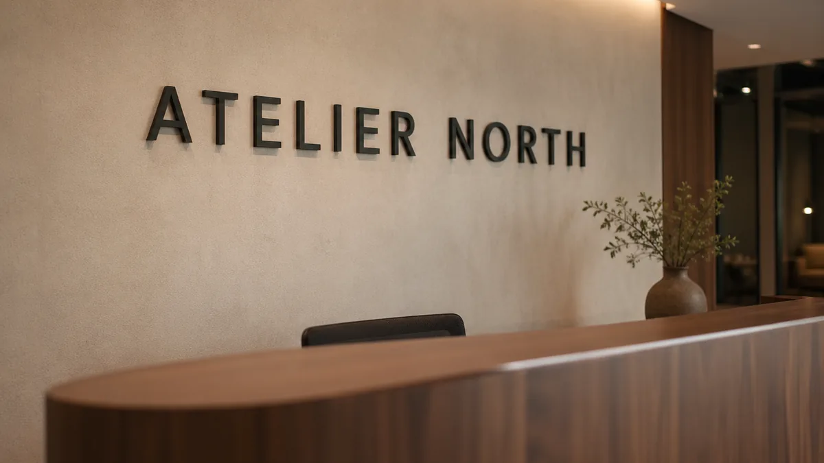 Custom interior office reception sign with matte black dimensional letters above a curved walnut reception desk — Lumberthing office signage, Los Angeles
