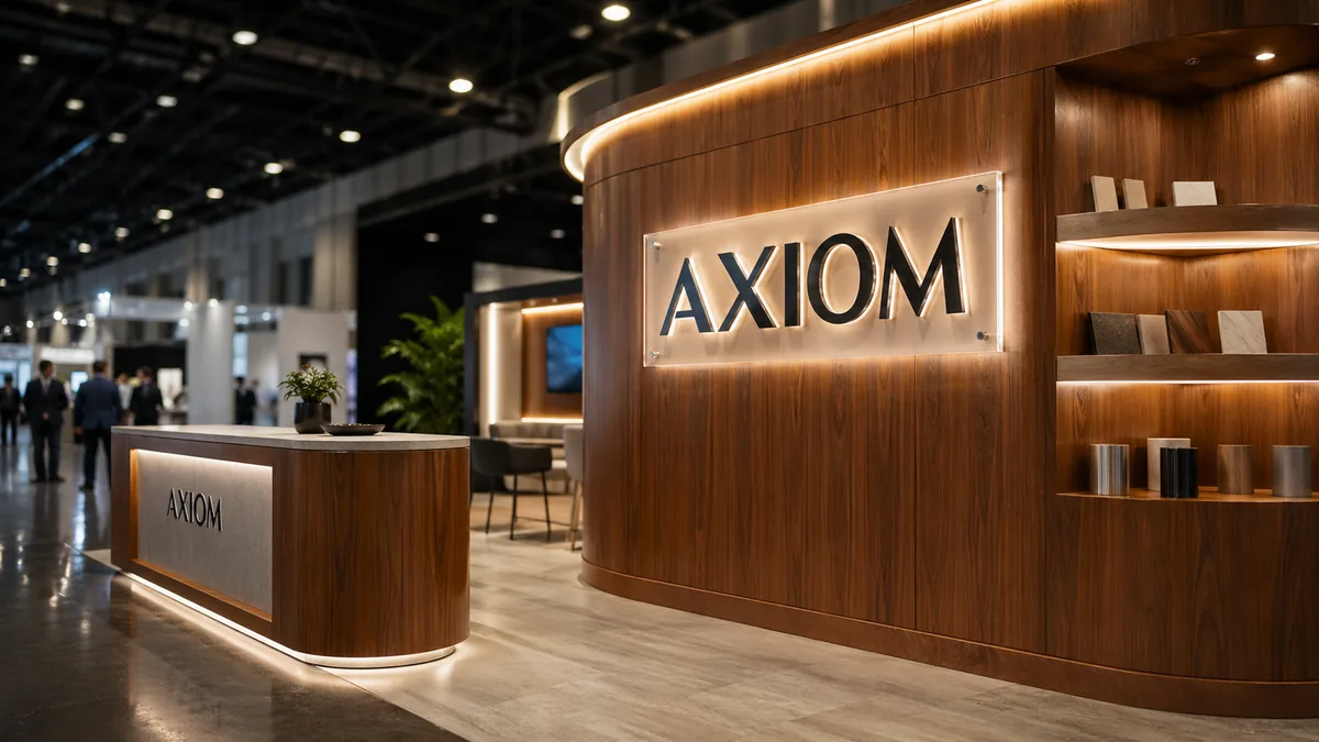Custom modular trade show booth with backlit branded acrylic logo panel mounted on curved walnut display wall with product shelving in a premium professional exhibition — Lumberthing fabrication, Los Angeles