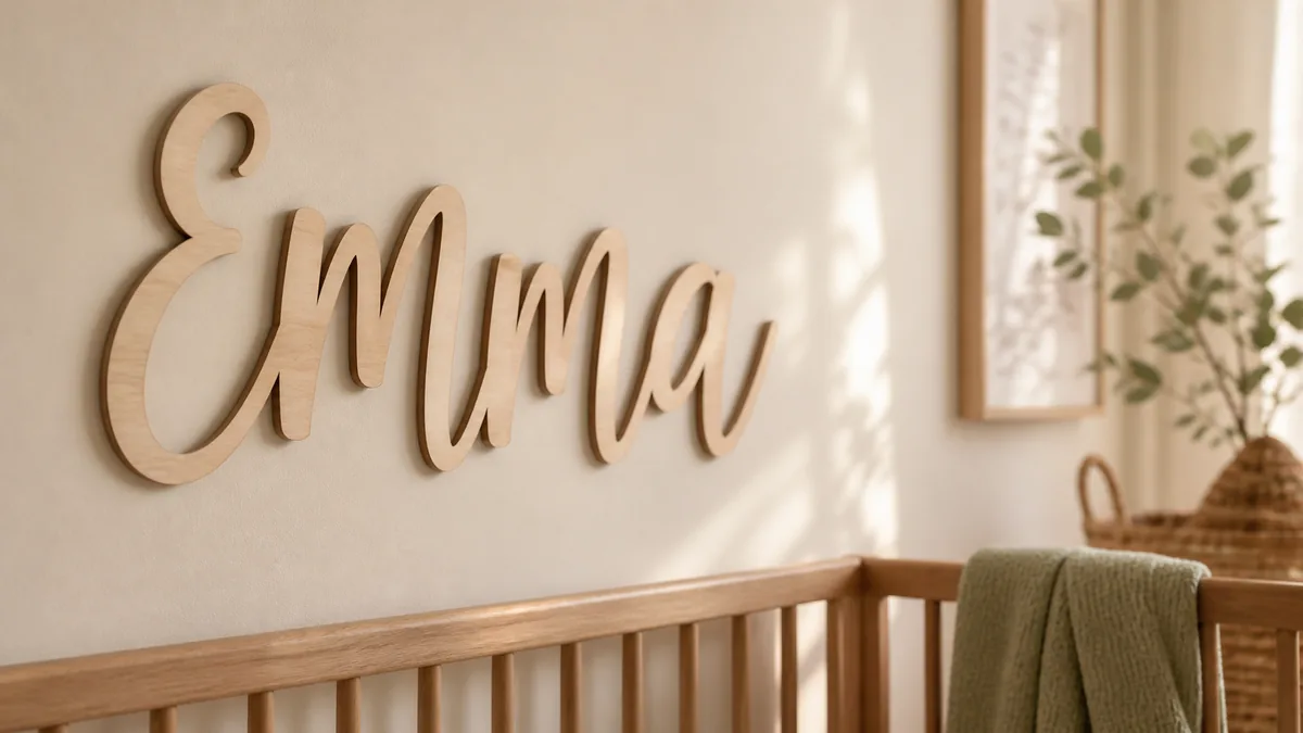 Custom laser-cut Baltic birch wood name sign in flowing cursive script reading "Emma" hung above oak nursery crib — Lumberthing personalized wood name signs