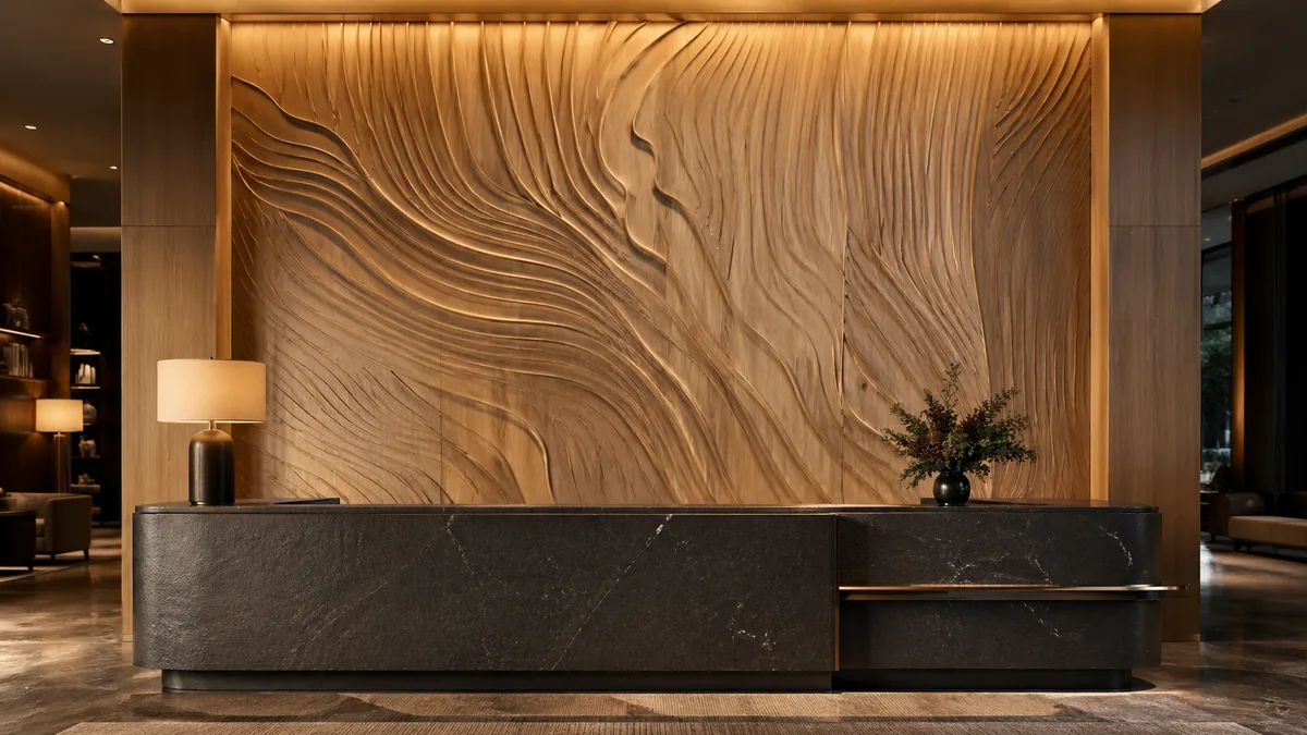 Custom carved wood wall art with flowing organic relief pattern in walnut — Lumberthing fabrication