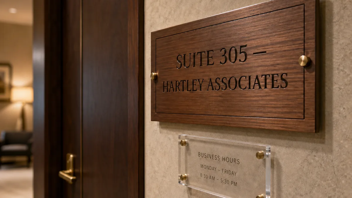 Modern office suite directory sign in walnut wood with engraved business name and small acrylic standoff plate with business hours mounted next to a walnut entrance door — Lumberthing fabrication, Los Angeles