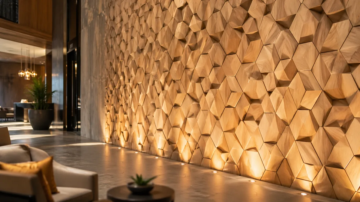 Floor-to-ceiling CNC-carved geometric 3D wall panel with hexagonal pattern in light maple wood, hotel lobby with warm uplighting — Lumberthing fabrication, Los Angeles