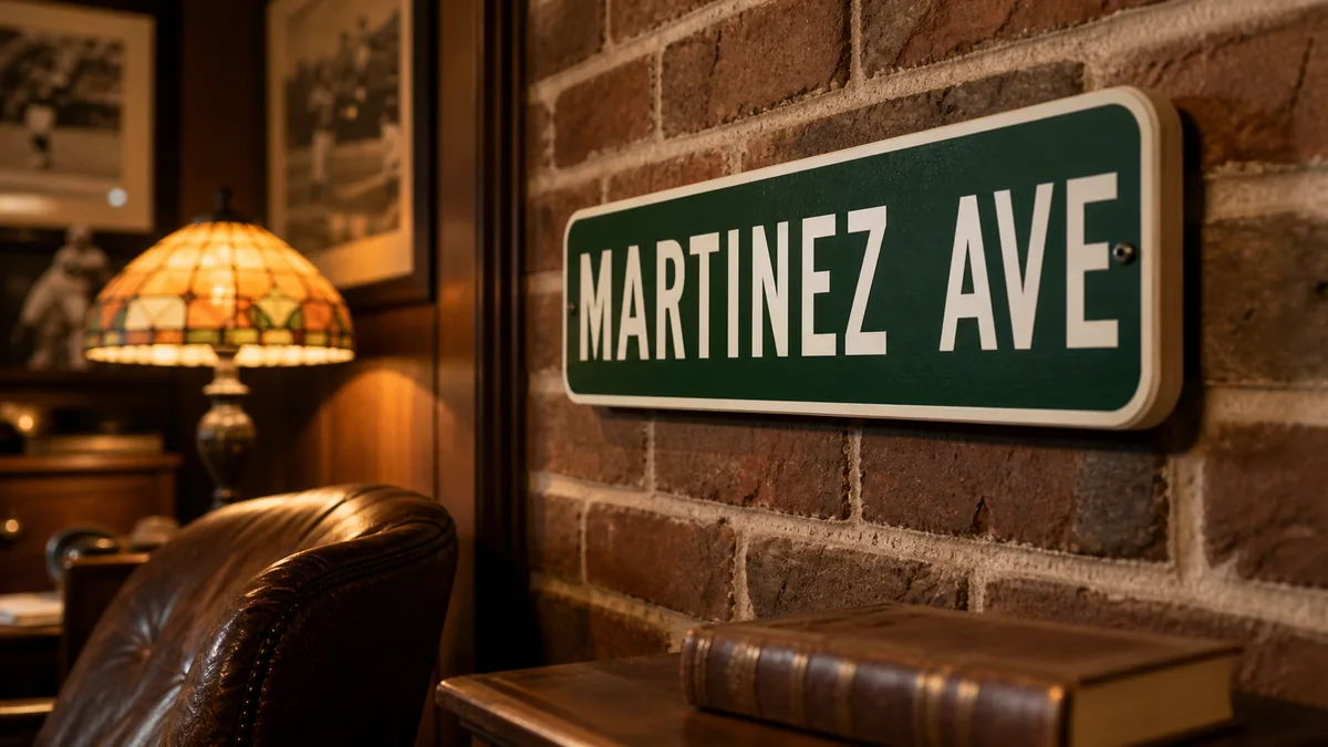 Custom wood street-style sign reading "MARTINEZ AVE" in classic green and white painted finish, mounted on brick wall in a man cave with leather chair and Tiffany lamp — Lumberthing custom street signs