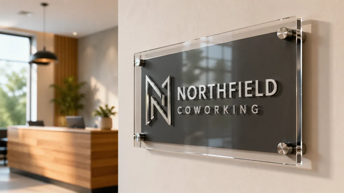 Custom clear acrylic lobby sign with dimensional logo and brushed steel standoff pins on white reception wall — Lumberthing fabrication, Los Angeles