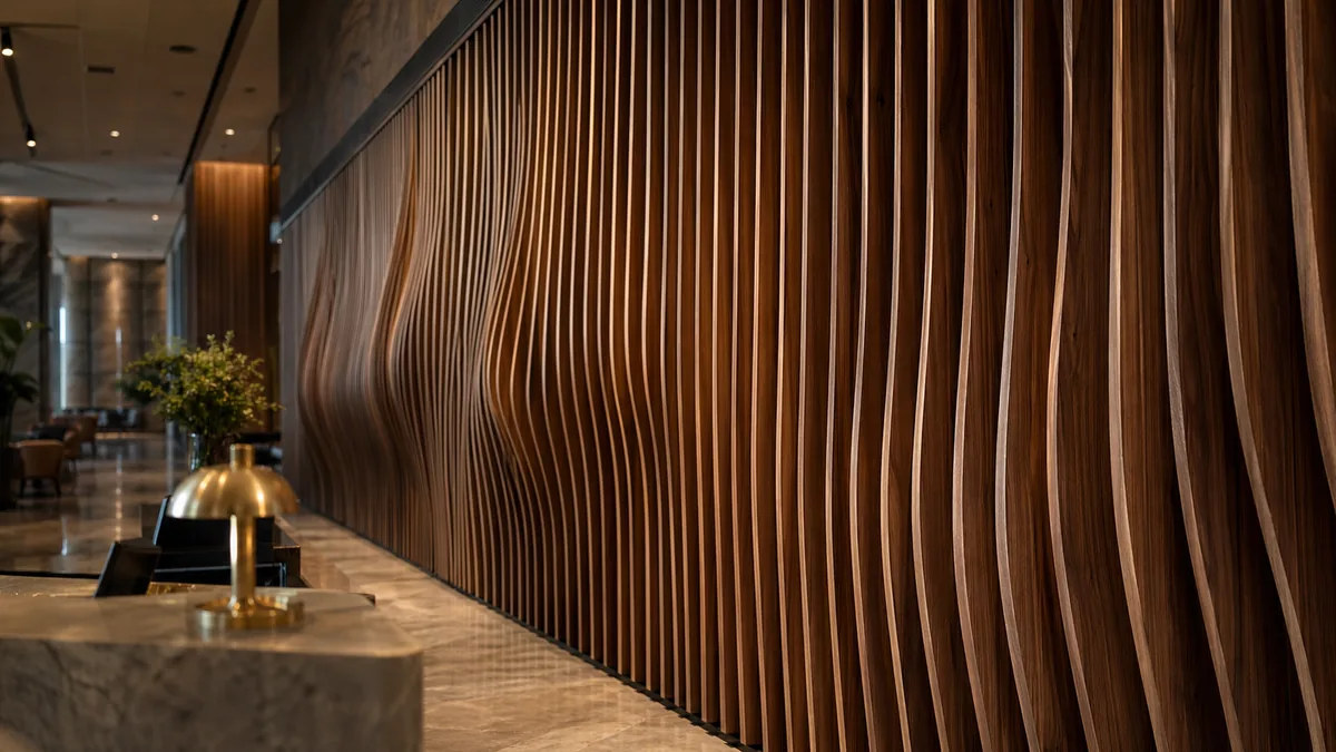 Parametric fin wall installation in luxury hotel lobby — vertical walnut blades with variable depth profiles creating a sweeping wave from the front and discrete fins from the side, Lumberthing fabrication, Los Angeles