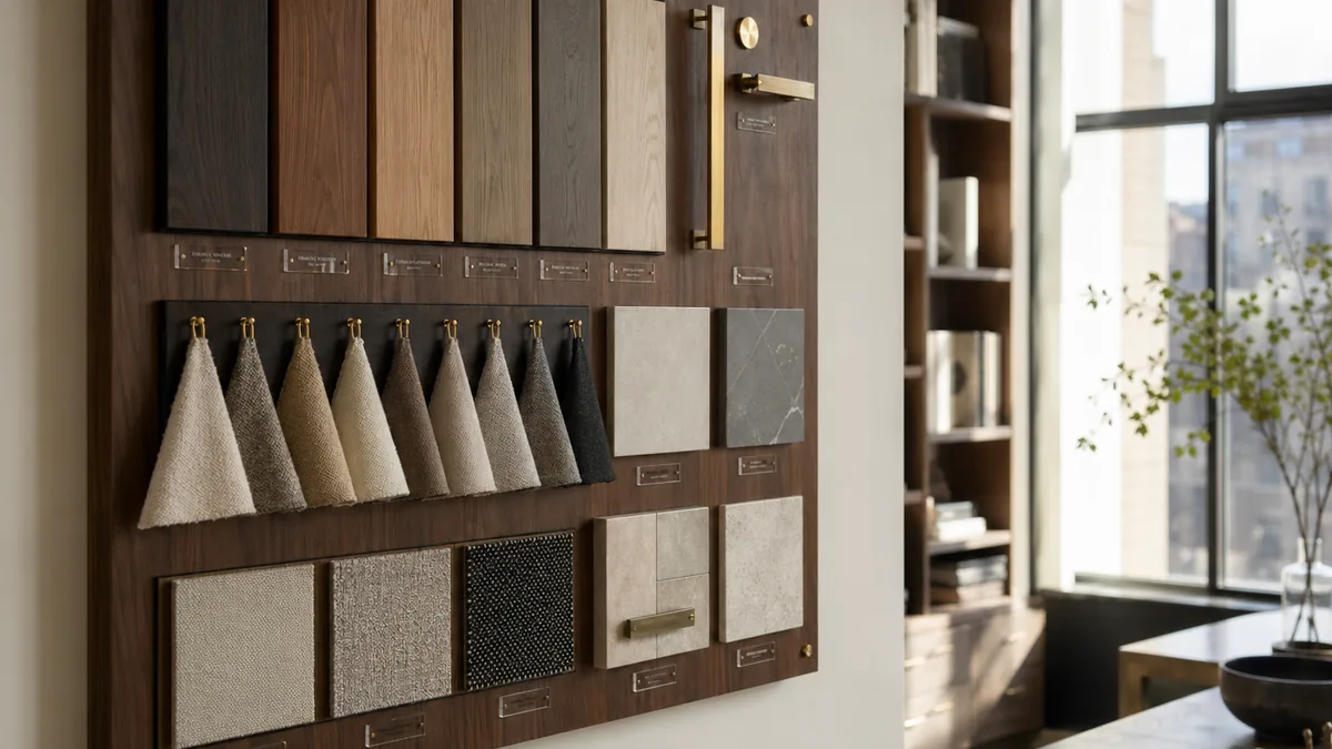 Wall-mounted physical sample board for interior design showroom with walnut backing, organized wood veneers, fabric swatches, stone tiles and brass hardware with engraved acrylic labels — Lumberthing fabrication, Los Angeles