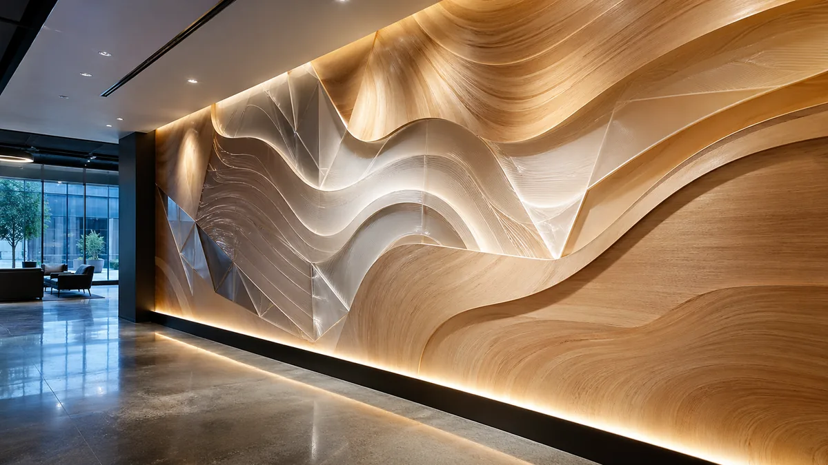 Sculptural large-scale architectural CNC-carved wood and acrylic 3D wall panel with abstract flowing curves in modern corporate lobby — Lumberthing fabrication, Los Angeles