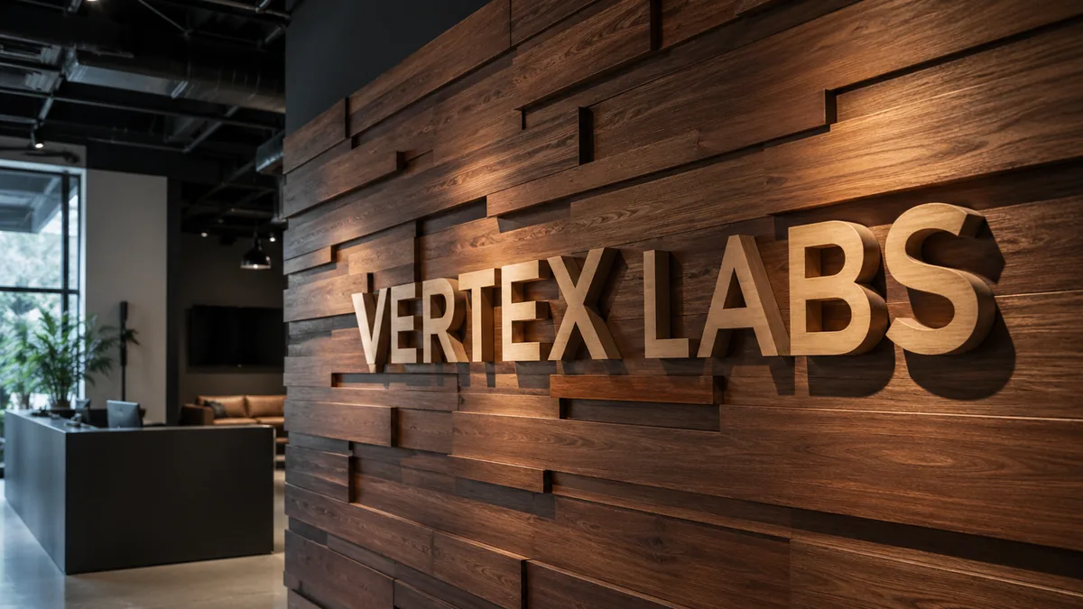 Custom branded 3D feature wall with raised dimensional company name in white oak letters integrated into walnut backdrop — Lumberthing fabrication, Los Angeles
