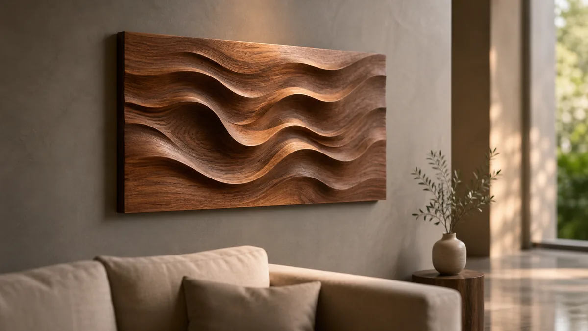 Custom carved walnut wood wall art with flowing organic wave relief, hung in a modern living room above a beige sofa — Lumberthing carved wall art
