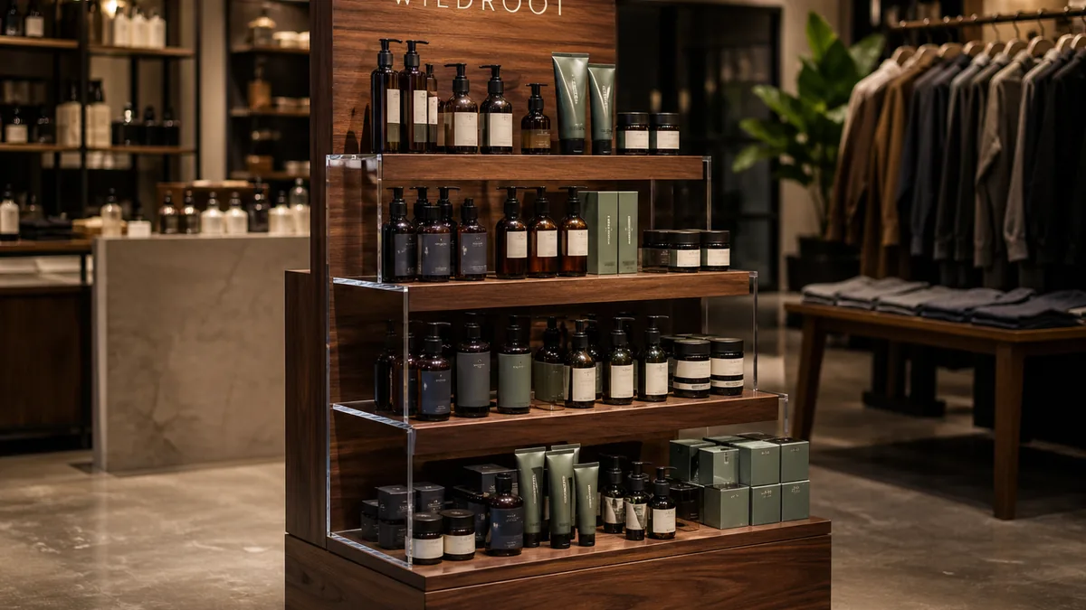 Custom retail point-of-purchase display stand in walnut wood and clear acrylic with branded headboard, multi-tier shelving with skincare products in high-end boutique — Lumberthing fabrication, Los Angeles