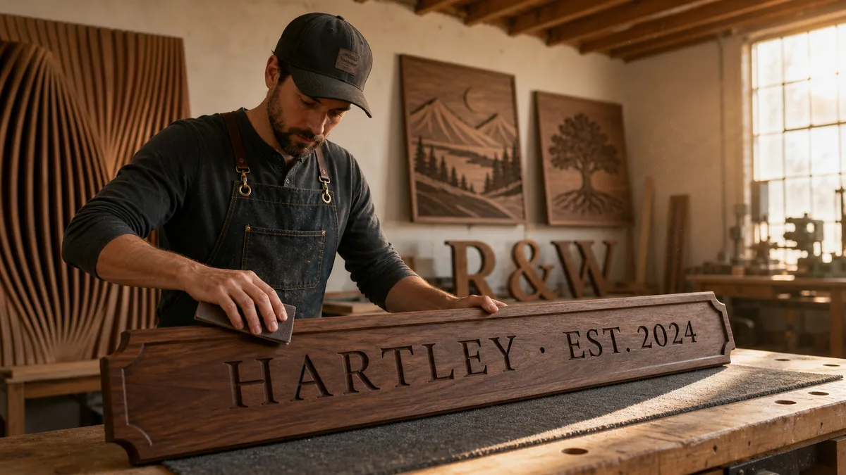 Craftsman sanding a custom carved walnut family name sign HARTLEY EST. 2024 in Lumberthing wood fabrication workshop — custom wood signs Los Angeles