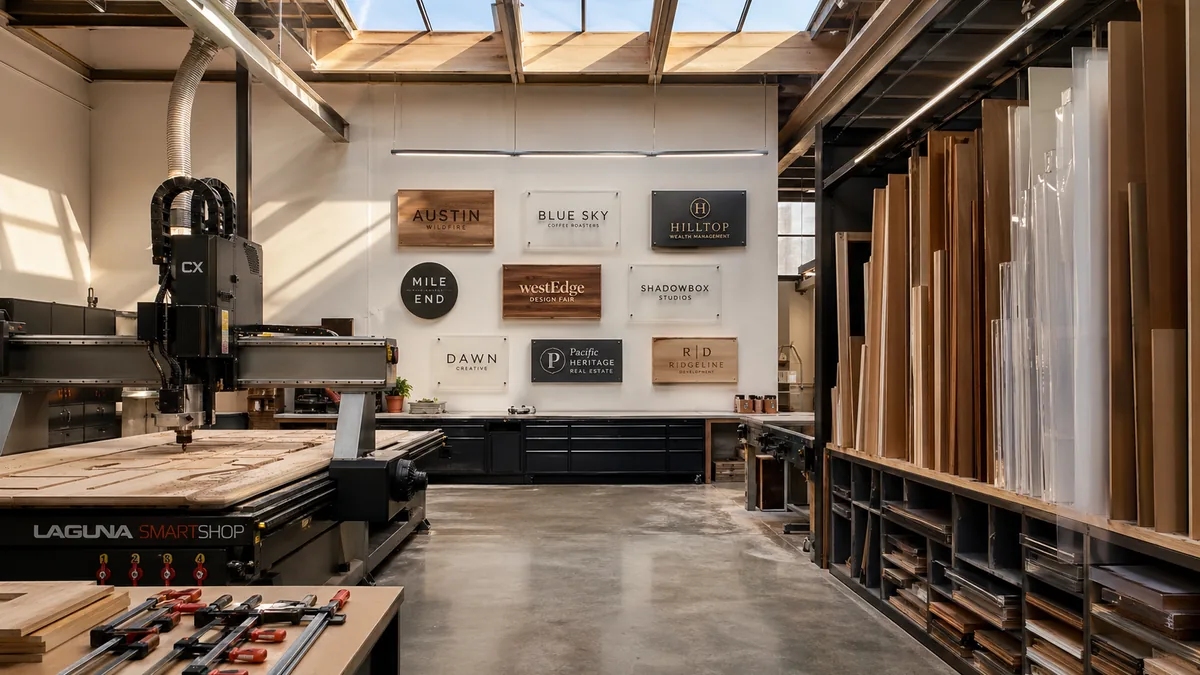 Lumberthing fabrication workshop interior with large 3-axis CNC router, lumber and acrylic storage, and finished signs on the back wall, Los Angeles