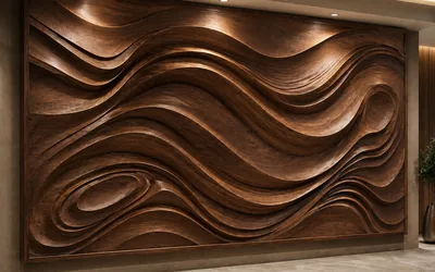 Carved walnut 3D wall panel with flowing wave pattern in luxury lobby