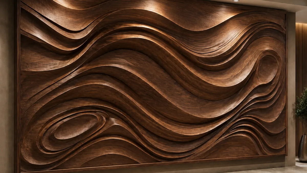 CNC-carved walnut 3D wall panel with sculpted flowing wave pattern installed in luxury lobby — Lumberthing fabrication, Los Angeles
