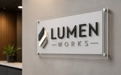 Custom dimensional acrylic lobby sign with brushed metal letters mounted on concrete wall