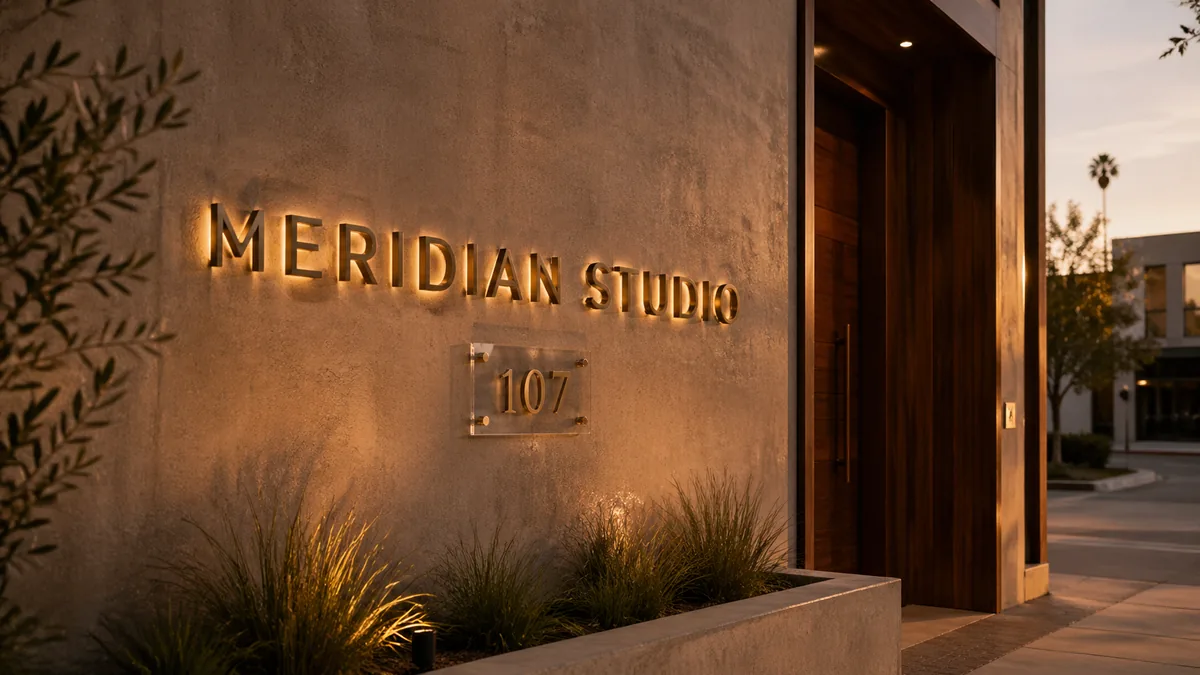 Halo-lit dimensional brass channel letter business sign on textured concrete storefront facade — Lumberthing fabrication, Los Angeles