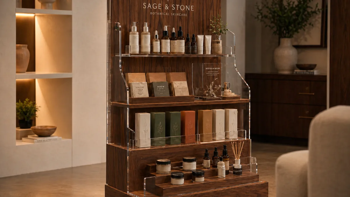 Custom retail display stand in walnut and acrylic with branded headboard, tiered shelving, and skincare product layout — Lumberthing fabrication, Los Angeles